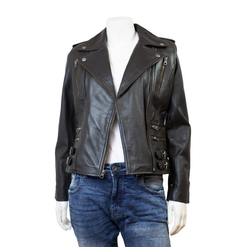 Feminin Touch Damen dunkelbraune Distressed Leder Slim Fit Bomber Biker Jacke - Bild 3 von 5