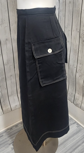 Vintage 60s ILGWU Black A-Line Midi Skirt Contrast Stitch Utility Pockets 26x28 - Picture 1 of 12