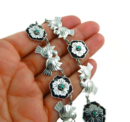 Maria Belen Designer 925 Sterling Taxco Silver and Turquoise Love Birds Necklace - Picture 5 of 6