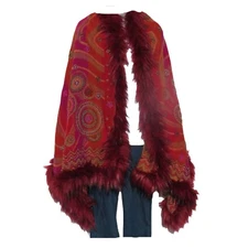 Yak+Sheep Wool Blend|Cape|Wrap|Stitch|Handcrafted|Handloomed|Faux Fur|Red