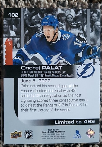 Juego de cubierta superior 2021-22 Momentos con fecha Playoffs/499 Ondrej Palat #102 - Imagen 2 de 2