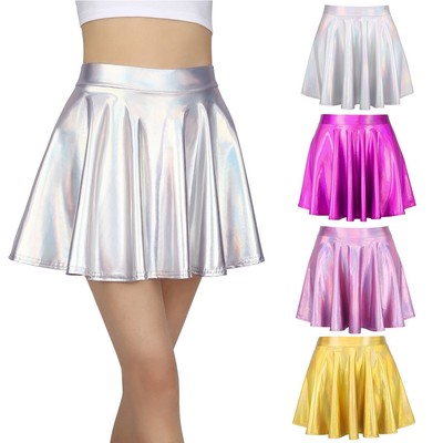 Oyolan Girls Shiny Metallic Flared Mini Skater Skirt Dance Performance Party Skort