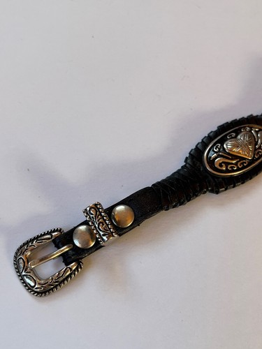 Faux Black leather Belt w Silvertone Heart Oval Medallion & Buckle Wrap Bracelet - Picture 5 of 16