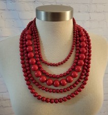 Vintage Multistrand Beaded Necklace Red Plastic Metal 22" Long