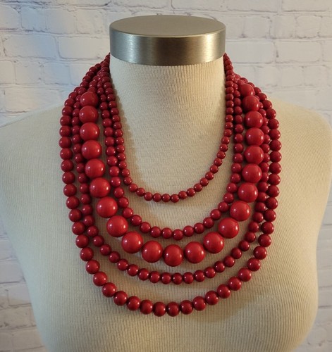 Collar Vintage Multistrand Cuentas Rojo Plástico Metal 22" Largo - Imagen 1 de 5