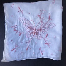 Vtg Pink Butterfly Embroidered Cutwork White Lawn Handkerchief Hand Rolled Edges