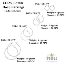 14k White Gold High Polish 1.5mm Hoop Earrings 15mm to 33mm