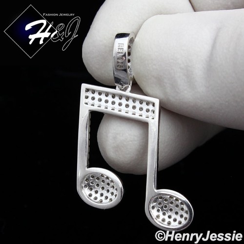 MEN WOMEN SOLID 925 STERLING SILVER ICY BLING CZ 3D MUSIC NOTE PENDANT*SP153 - Picture 2 of 4