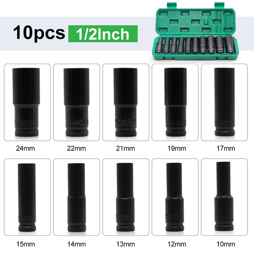 1/2" Drive Deep Impact Socket Set CR-V Steel Metric Sockets Long 10PCS 10-24MM - Picture 6 of 12