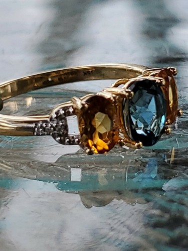 Anillo azul circón, topacio amarillo corte ovalado y diamante oro amarillo liso de 10 quilates - Imagen 4 de 12