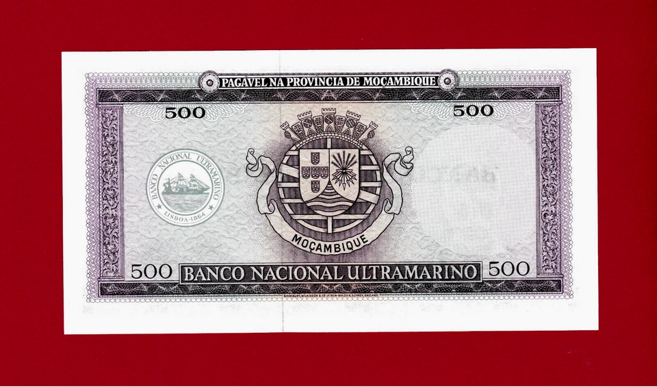 7-Digits # 500 ESCUDOS 1967-1976 MOZAMBIQUE UNC OVERPRINT NOTE P-118a.1 on P-110 - Image 2 of 2
