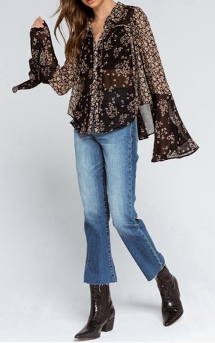 Free People Serena Floral Bell Sleeve Printed Blouse Black Combo SMALL - Picture 6 of 13