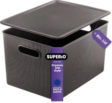 Decorative Storage Bin with Lid, Brown Ribbed Plastic Storage Basket 22 Liter