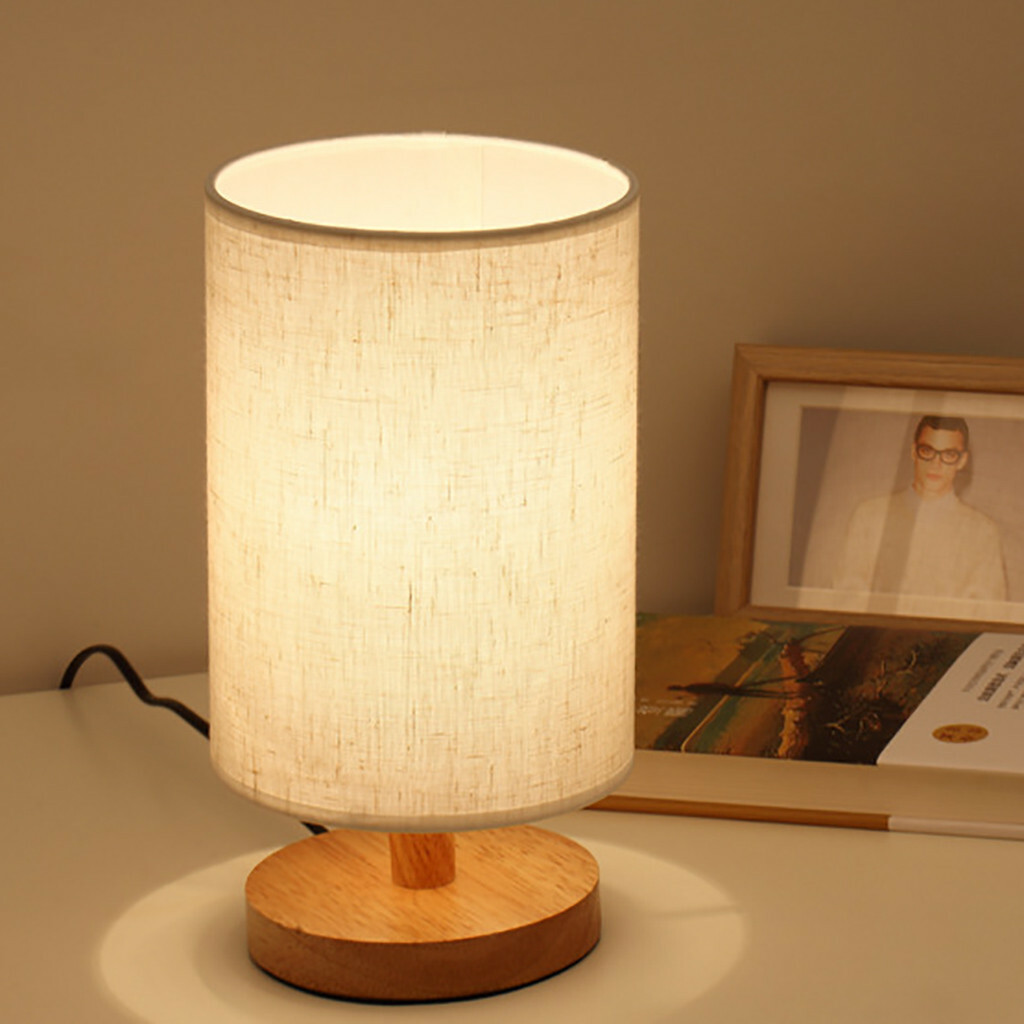 🐟Nordic Cylinder Bedside Table Lamp Dimmer Wooden Table lamp Fabric