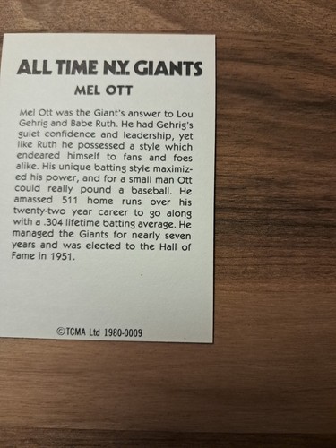 Mel Ott 1980 TCMA All Time New York Giants 1980-0009 - Picture 9 of 10