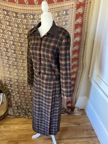 Vintage 2 Piece Tan Brown Plaid Wrap Skirt Blouse Wool Blend Size 11 / 12 Autumn - Picture 12 of 18