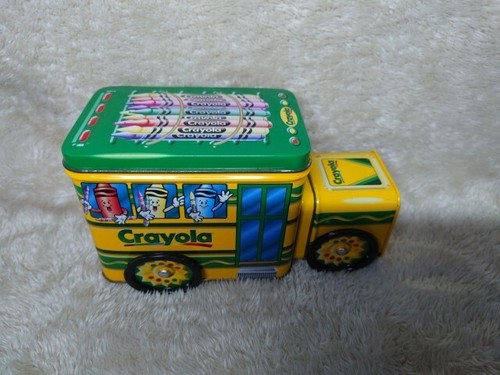 Vintage Crayola School Bus Collector's Tin 1999 Wheels Roll Yellow Metal Storage - Picture 2 of 8