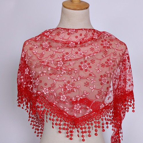 Women Scarf Lace Floral Print Triangle Veil Shawl Wrap Elegant Tassel Scarves - Bild 25 von 35