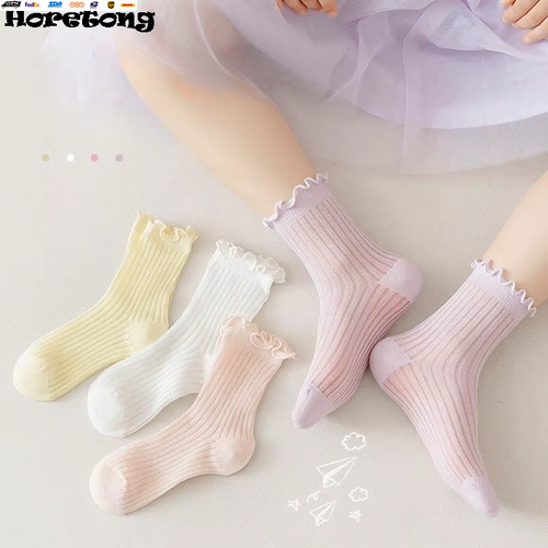 4 Pairs/Set Kids Middle Tube Socks Spring Summer Solid Cotton Socks Cute Korean - Picture 3 of 10