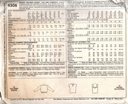 McCall's Pattern 4306 Misses' UNLINED JACKET TOP CAMISOLE Size 8-12 Uncut - Picture 2 of 2