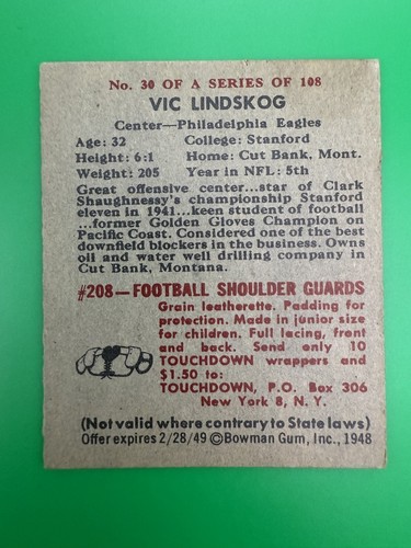 1948 Bowman Football - Vic Lindskog #30 RC SP Philadelphia Eagles Pinhole - Picture 2 of 2