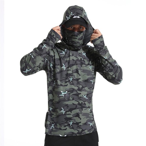 UPF50+ Mens Outdoor Fishing Hoodie Sun Block Skin Protection Long Sleeve T-Shirt - Picture 11 of 17