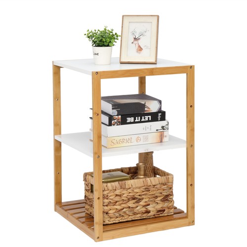 3Layers 25inch Bamboo Side Table, Square White Top Natural Wood Coffee Table End - Picture 7 of 15