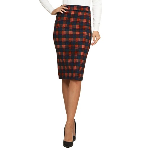 Doublju Women's Mid Knee Length Rust/Navy Plaid H Line Pencil Skirt Sz. M