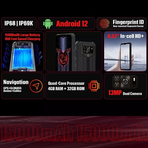 6.53'' HOTWAV W10 Rugged Smartphone 4GB+32GB 15000mAh 13MP Android 12 IP68/IP69K - Picture 2 of 16