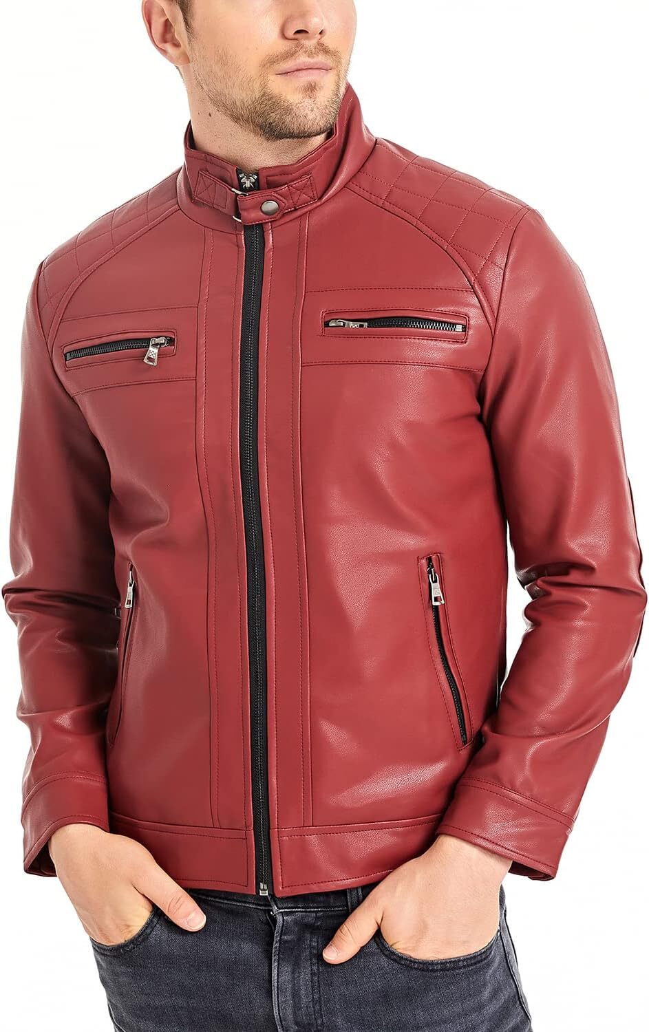 HOOD CREW Men’s Stand Collar Leather Jacket Casual Faux Leather