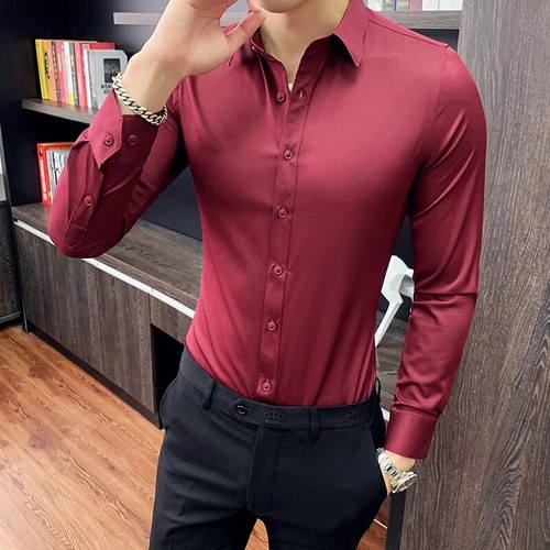 Mens Shirts Short Sleeve Business Casual Solid Stretch Slim Shirt Mens Clothing - Picture 42 of 45
