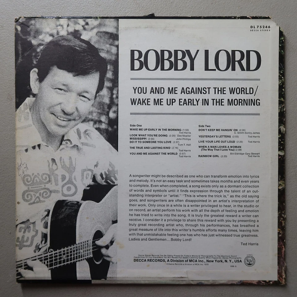 Bobby Lord You and Me Against the World/Wake Me Up Early Vinyl LP Decca VG 70 Foto 2 de 4
