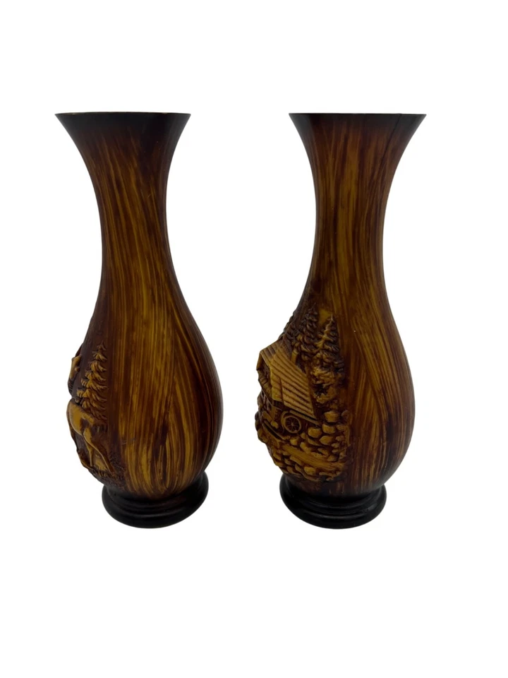 Par de jarrones de resina/plástico de imitación Bois escena de cabaña y ciervo casa de campo rústica decoración del hogar Foto 2 de 4