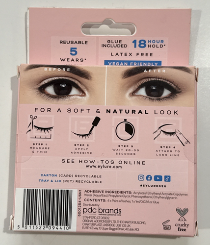4 Pairs Eylure Naturals No. 020 Reusable Eyelashes, Adhesive Included, Black - 第 3/4 張圖片