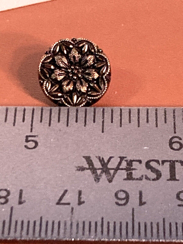 Vintage Black Glass Button Flower Shape Bronzefoil Accent Self Shank 1/2" - Picture 7 of 7