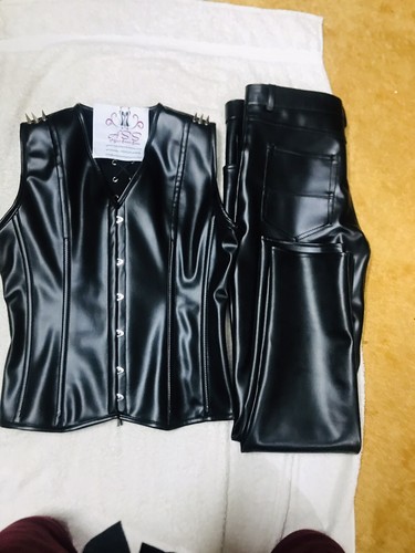 MEN CORSET VEST StEEL BONED SPIKED FAUX LEATHER V-SHAPER & FAUX LEATHER PANT USA - Picture 7 of 12