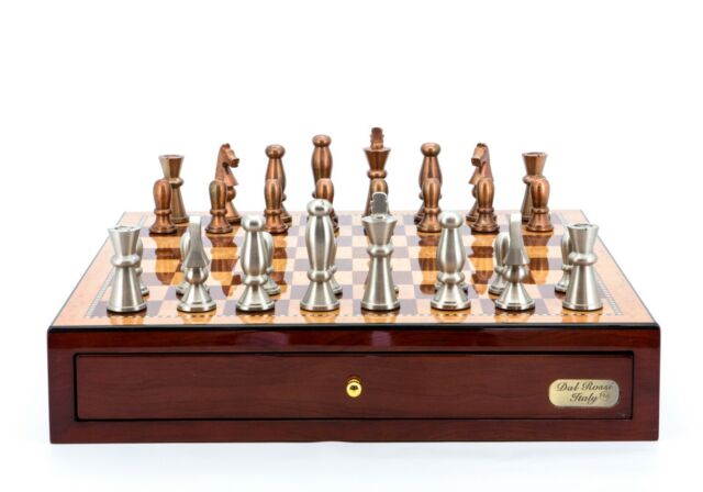 Dal Rossi Chess Set Copper/Silver Metal Pieces w 18in Mahogany Board w/ Drawer
