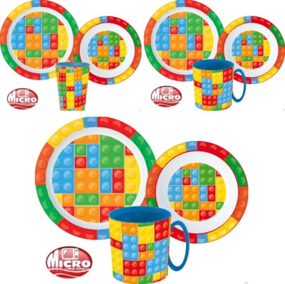 Bricks Legosteine Kindergeschirr Set 3 tlg. Frühstücksset Geschirrset Mikrowelle