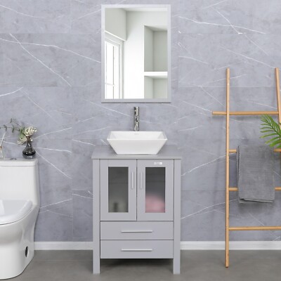 24'' Gray Bathroom Vanity Set W/ Ceramic Vessel Sink Cabinet Combo No Mirror