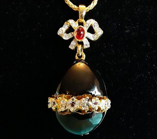 CRAFT Vintage Black Enamel Red & Clear Crystals Egg Pendant Necklace 30"