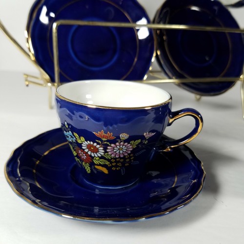 Cobalt Floral Demitasse Cups & Saucers w/Coffee/Tea Pot/Creamer & Sugar Spoons - Picture 9 of 12