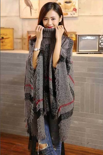 Lady Poncho Stole Cape Shrug Wrap Shawl Jacket Jumper Sweater Polo Neck Warm New - Foto 31 di 40