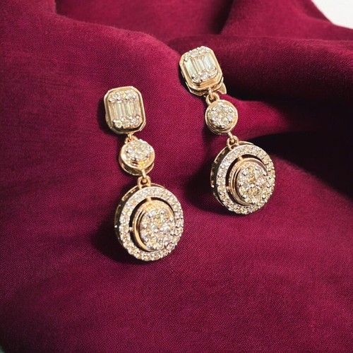 Pave 1.25 TCW Round Baguette Cut Diamonds Dangle Earrings Hallmark 14K Rose Gold - Picture 2 of 15