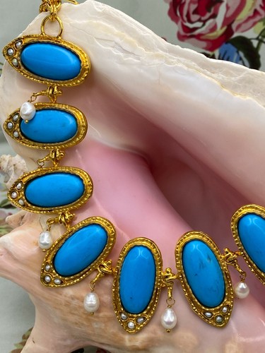 Turquoise & Pearl Byzantine Necklace 18K Gold Plate & Handcrafted in Istanbul  - Picture 6 of 12