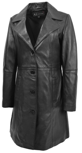 Womens Real Leather Trench Coat Fitted 3/4 Long Knee Length Casual Parka Jacket - Picture 10 of 33