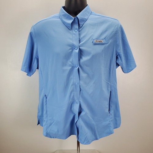 Columbia Women's Size XL Vented Fishing Short Sleeve Button Up Cotton Shirt Blue - Picture 3 of 12