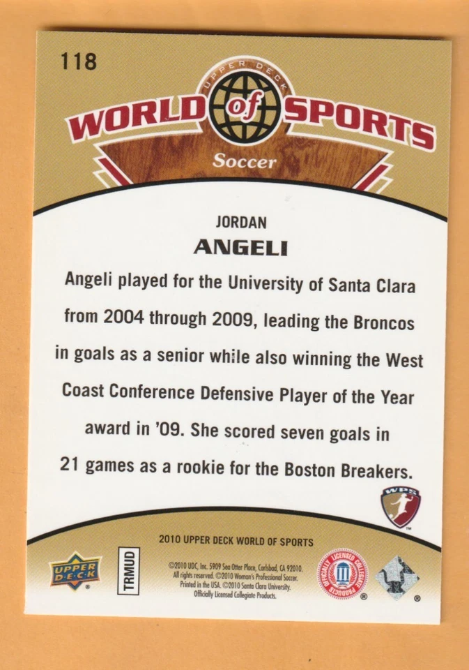 Jordan Angeli Santa Clara Broncos 2010 Upper Deck World of Sports #118 - Image 2 of 2