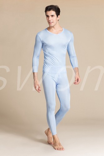 Hombres Ropa Interior Térmica de Seda Largo Johns Pijama Cuello en V Capa Base Conjunto Superior e Inferior - Imagen 18 de 19