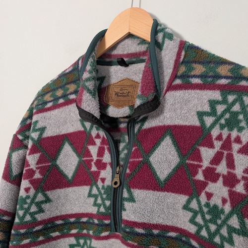 Woolrich 1/4 Zip Fleece Mens M Gray Green Vintage 90s Pocket Geometric Southwest - Picture 2 of 9