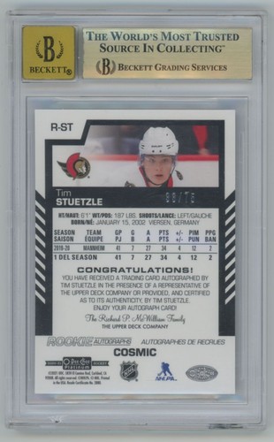 2020-21 O-PEE-CHEE OPC PLATINUM Tim Stutzle RC ROOKIE AUTO COSMIC /75 BGS 9.5 - Picture 2 of 2